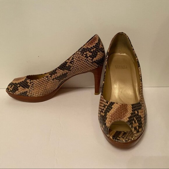 STUART WEITZMAN HEELS SHOES PEEP TOE BROWN BLACK REPTILE LOOK LEATHER - Picture 2 of 14